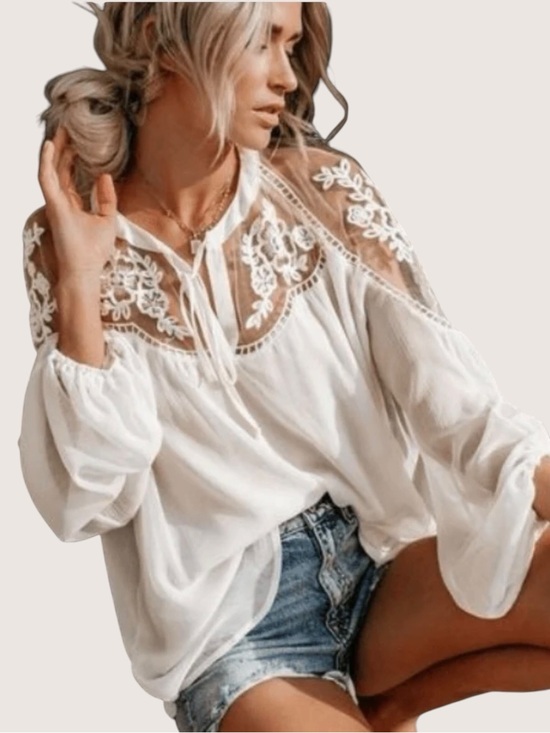 Hayden Los Angeles Tops - Hayden Los Angeles Sheer White Bohemian Lace Long Sleeve Peasant Blouse Top L